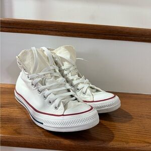 White Converse Chuck Taylor High-Top Sneakers with Red and Blue Accents